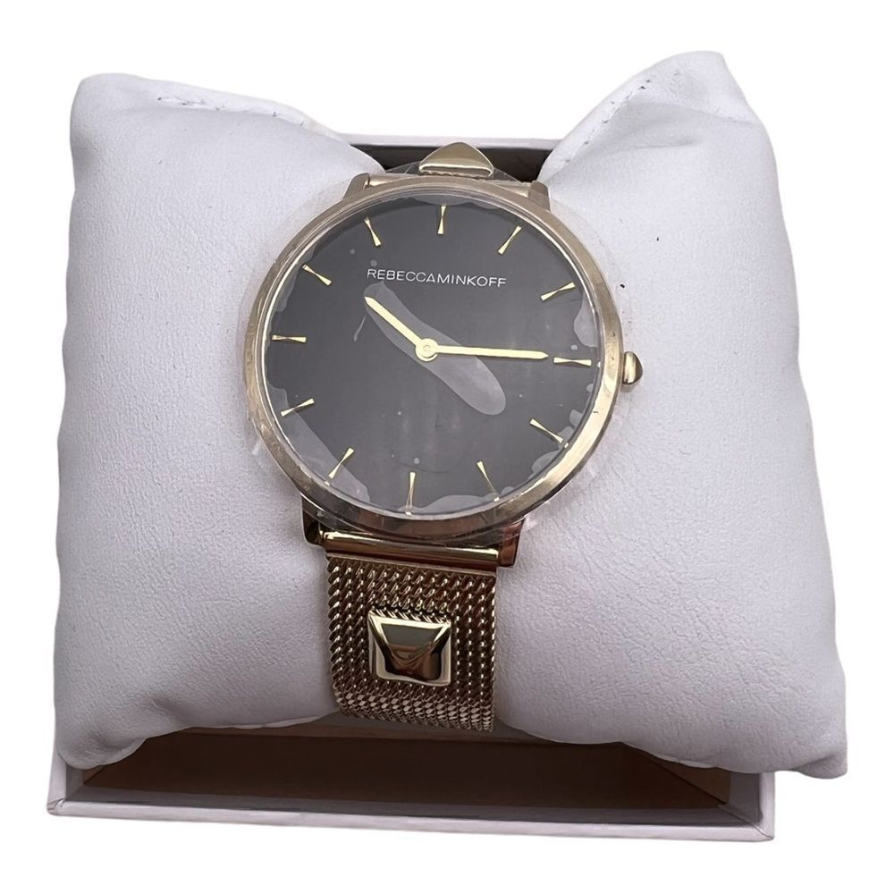 Rebecca Minkoff Gold-Tone Major Watch Mesh Studded Strap Black Dial New